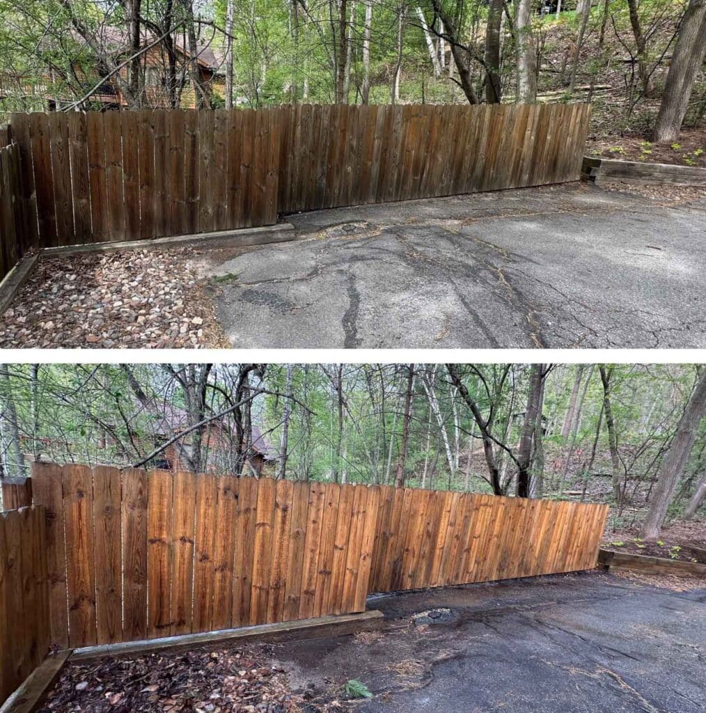 A Before And After Image Of A Fence When It Was Stained